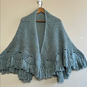 Modern Granny Teal Handmade Crochet-Shawl W/Fringe. Bohemian Wrap. Artisan Piece